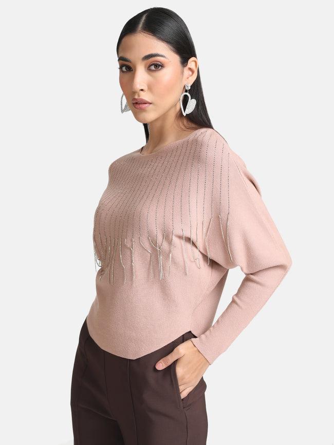 Batwing Pullover With Heat Studs And Fringes For Women By Kazo