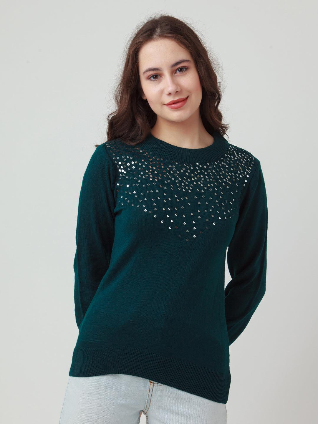Green Solid Straight Sweater For Women By Zink London