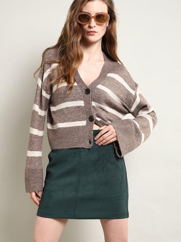 Brown Striped Wide Sleeves Cardigan For Women