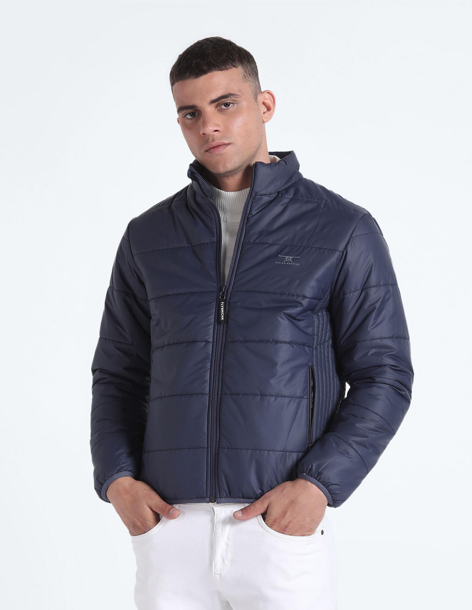 High Neck Solid Quilted Jacket In Navy Blue