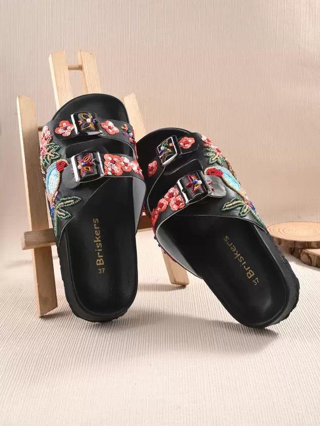 Embroidered Two Strap Open Toe Flats With Buckle Detail In Black
