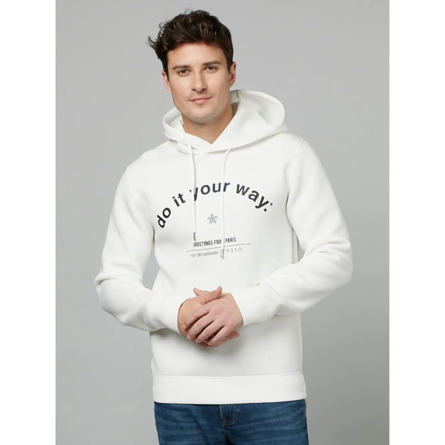 White Typography Printed Hooded Pullover Sweatshirt