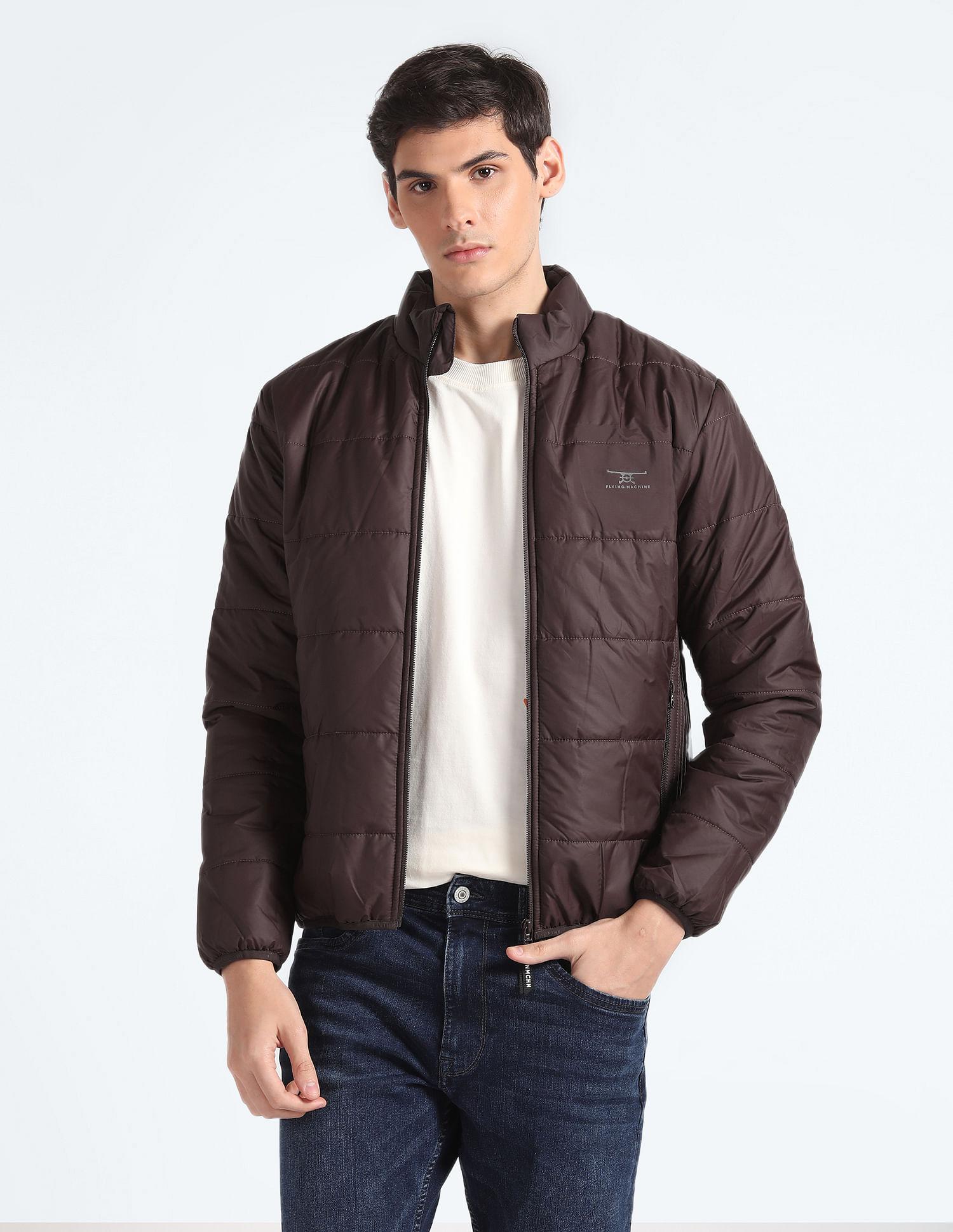 High Neck Solid Jacket In Brown