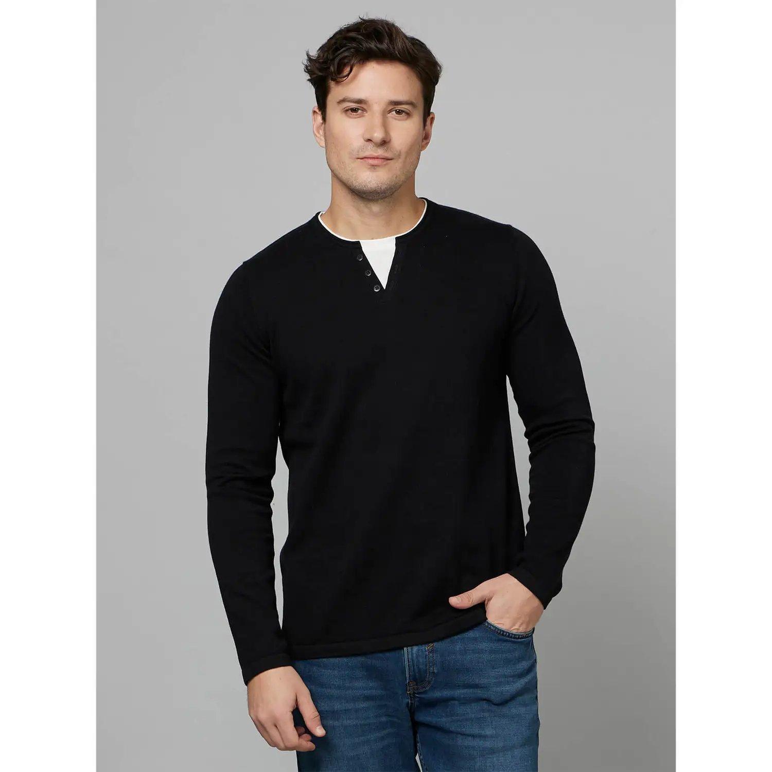 Black Round Neck Cotton Pullover Sweater