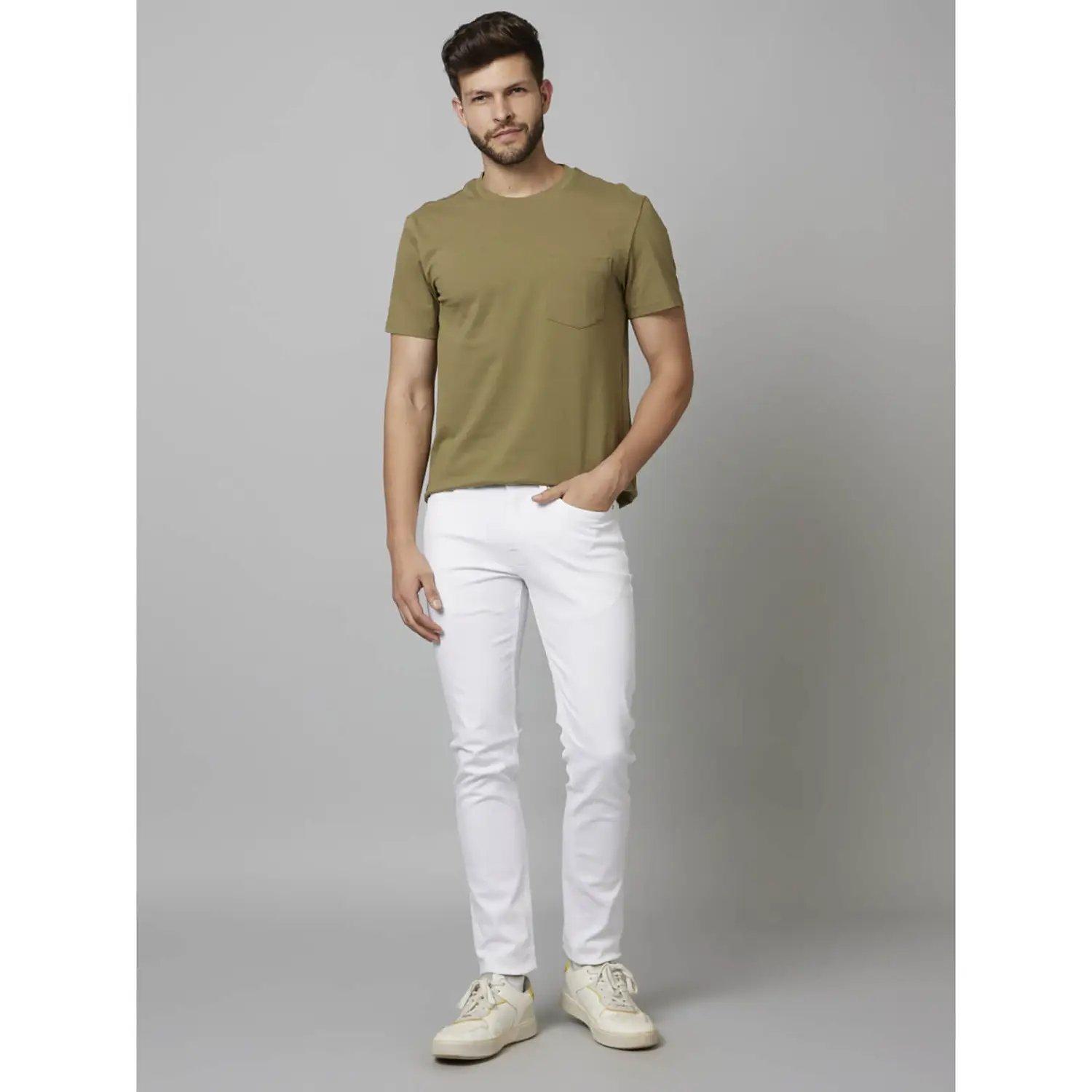 White Solid Cotton Jeans