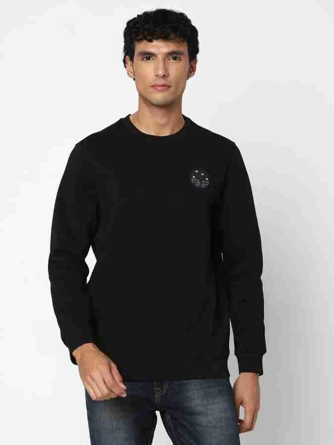 Spykar men black blended slim fit full sleeve round neck plain casual sweatshirt