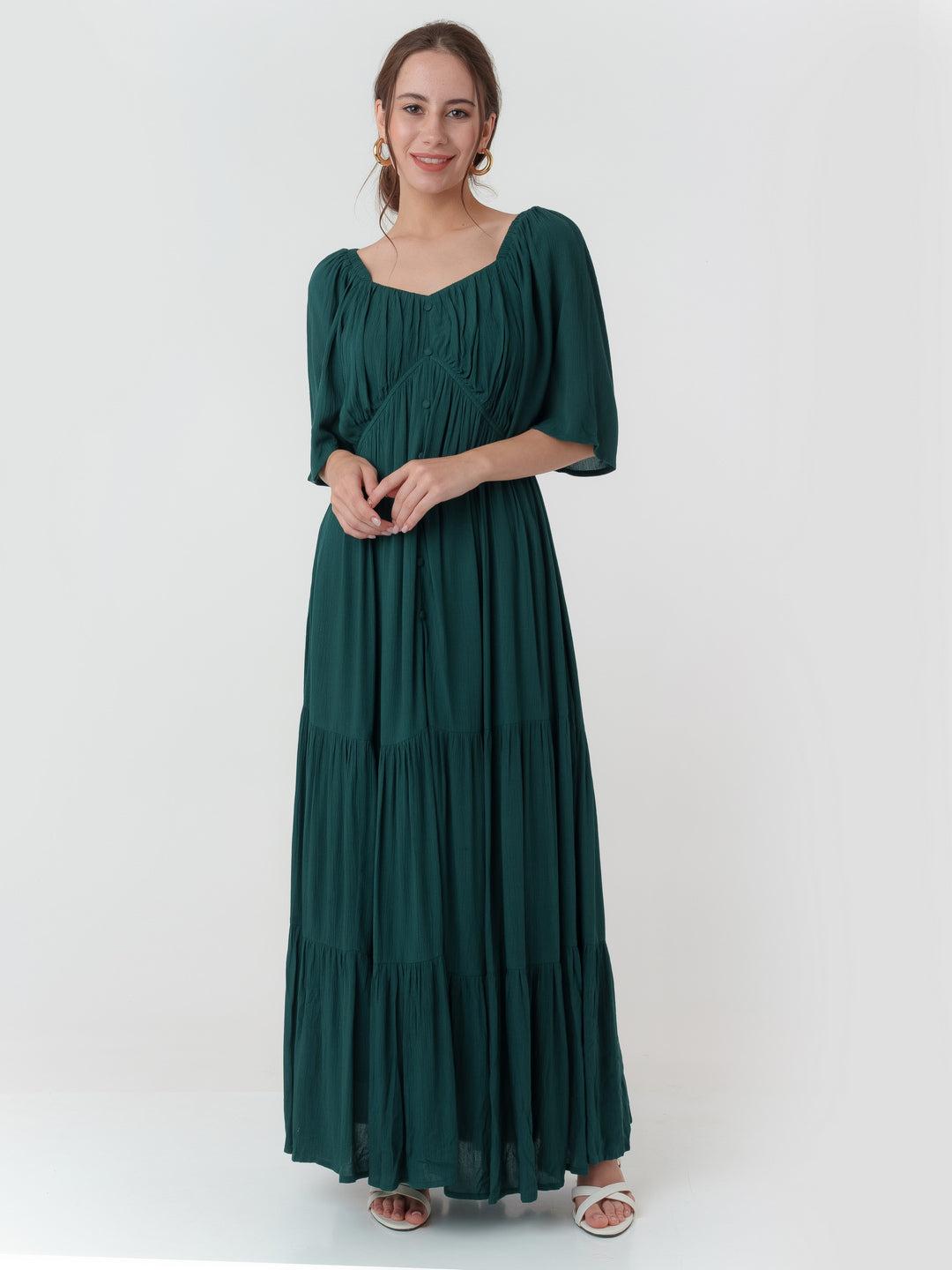 Dark Cedar Solid Tiered Maxi Dress For Women By Zink London