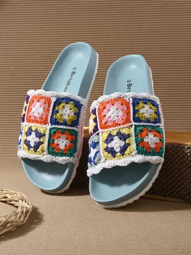 Embroidered Open Toe Flats In Blue