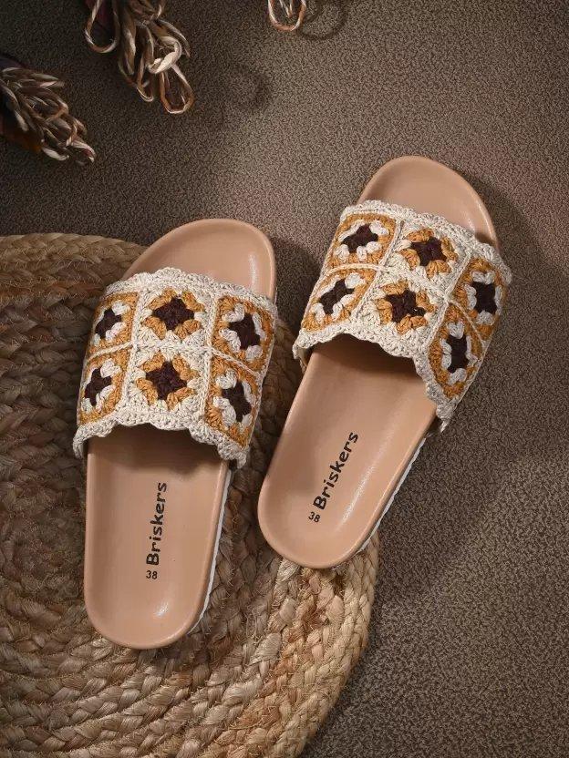 Crochet Embroidered Open Toe Flats In Brown