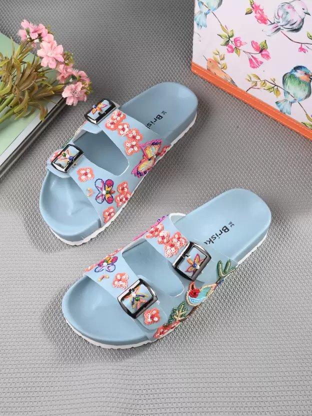 Two Strap Printed Open Toe Flats With Buckles In Blue