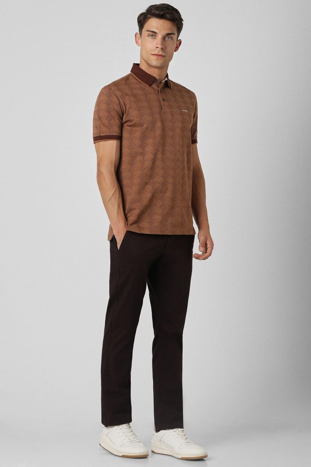 Men Brown Print Polo Neck Tshirt By Van Heusen 