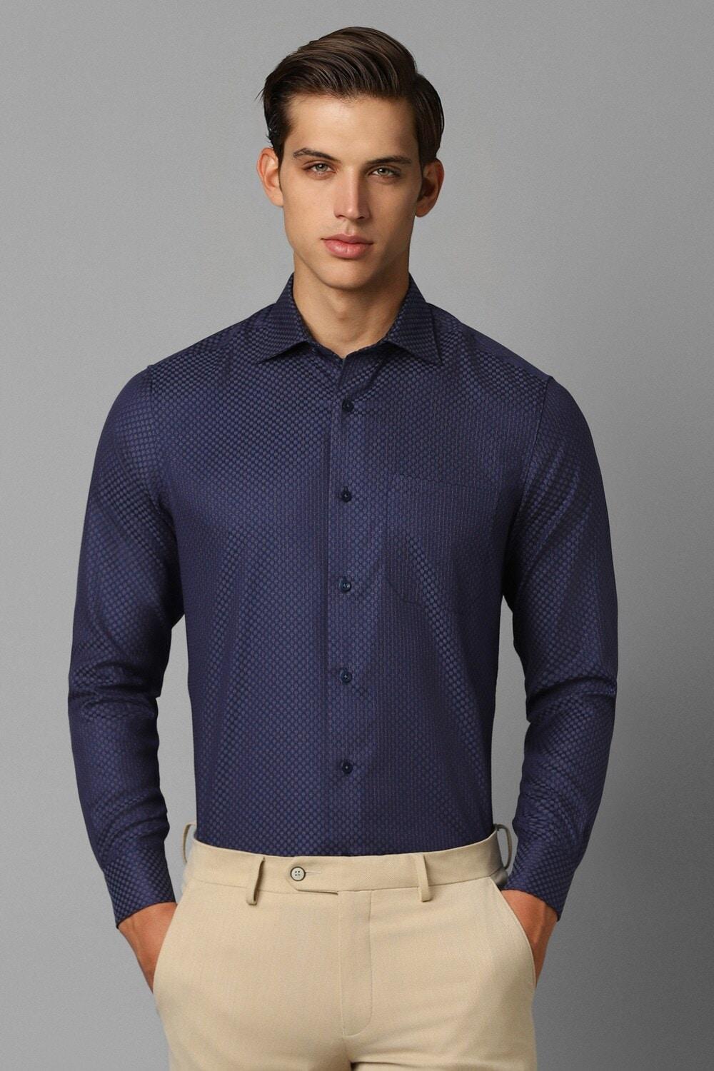 Permapress Navy Wrinkle Free Classic Fit Textured Full Sleeves Shirt