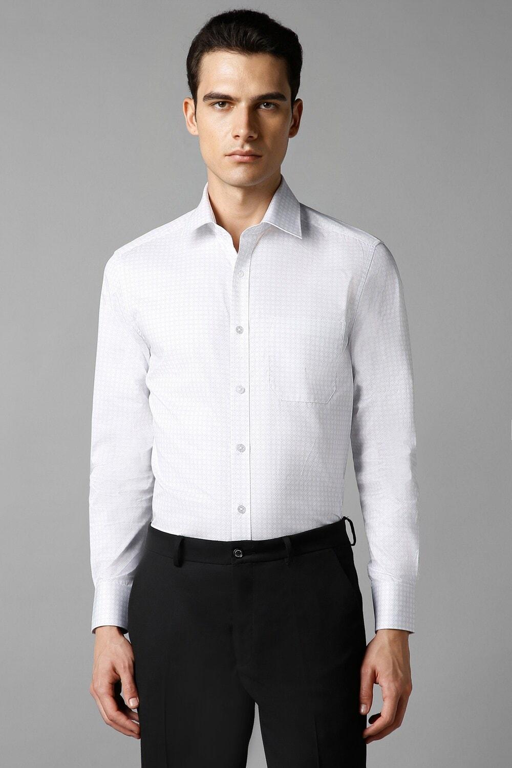 White Classic Fit Print Full Sleeves Formal Shirt For Men