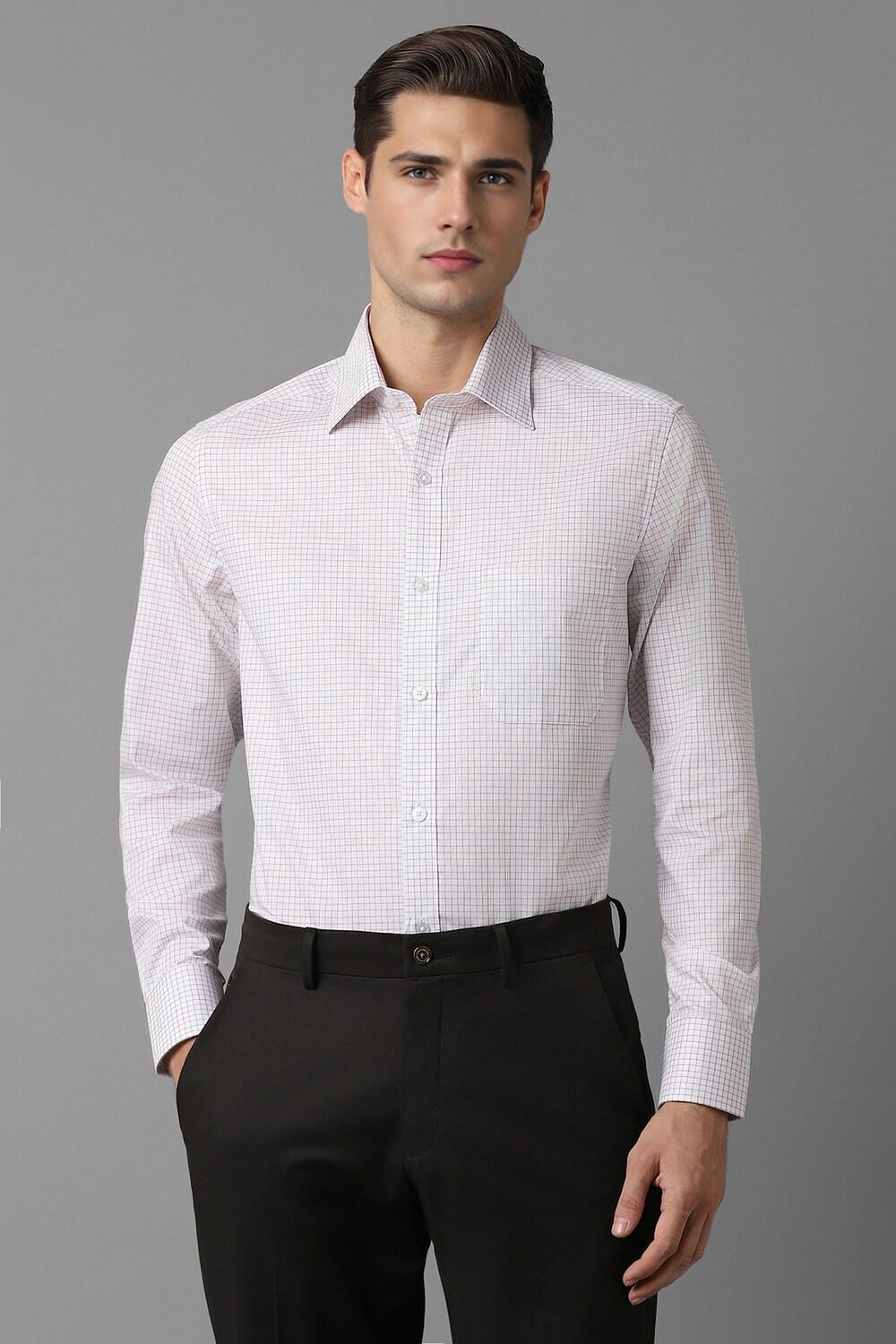 Men White Classic Fit Check Full Sleeves Formal Shirt