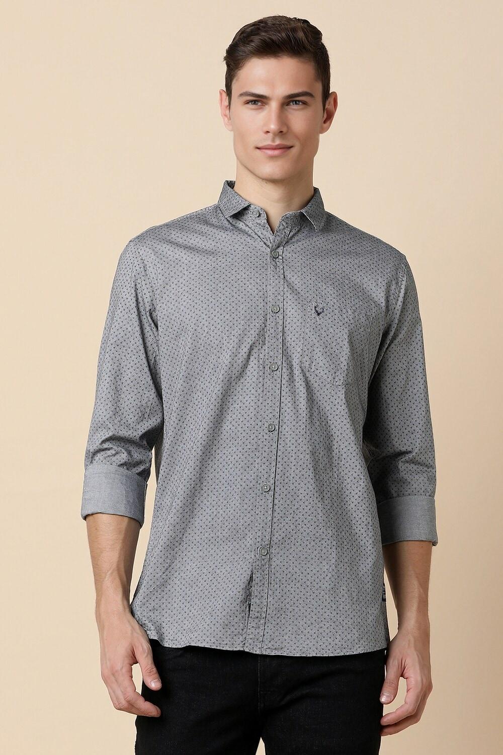 Men Grey Custom Fit Print Full Sleeves Casual Shirts