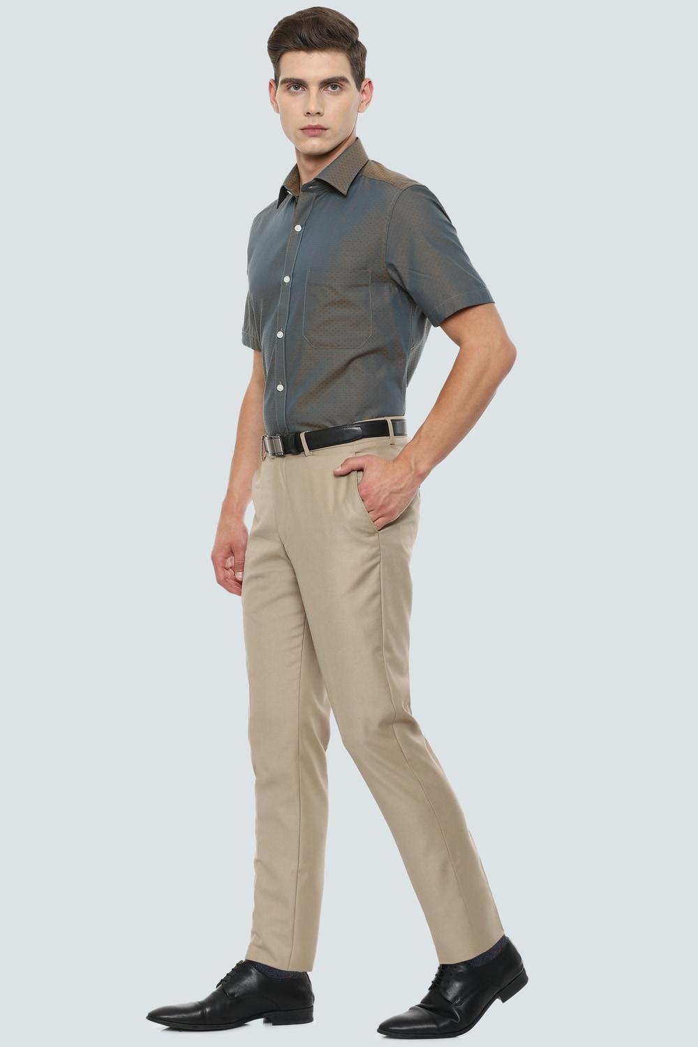 Men Khaki Slim Fit Solid Flat Front Formal Trousers