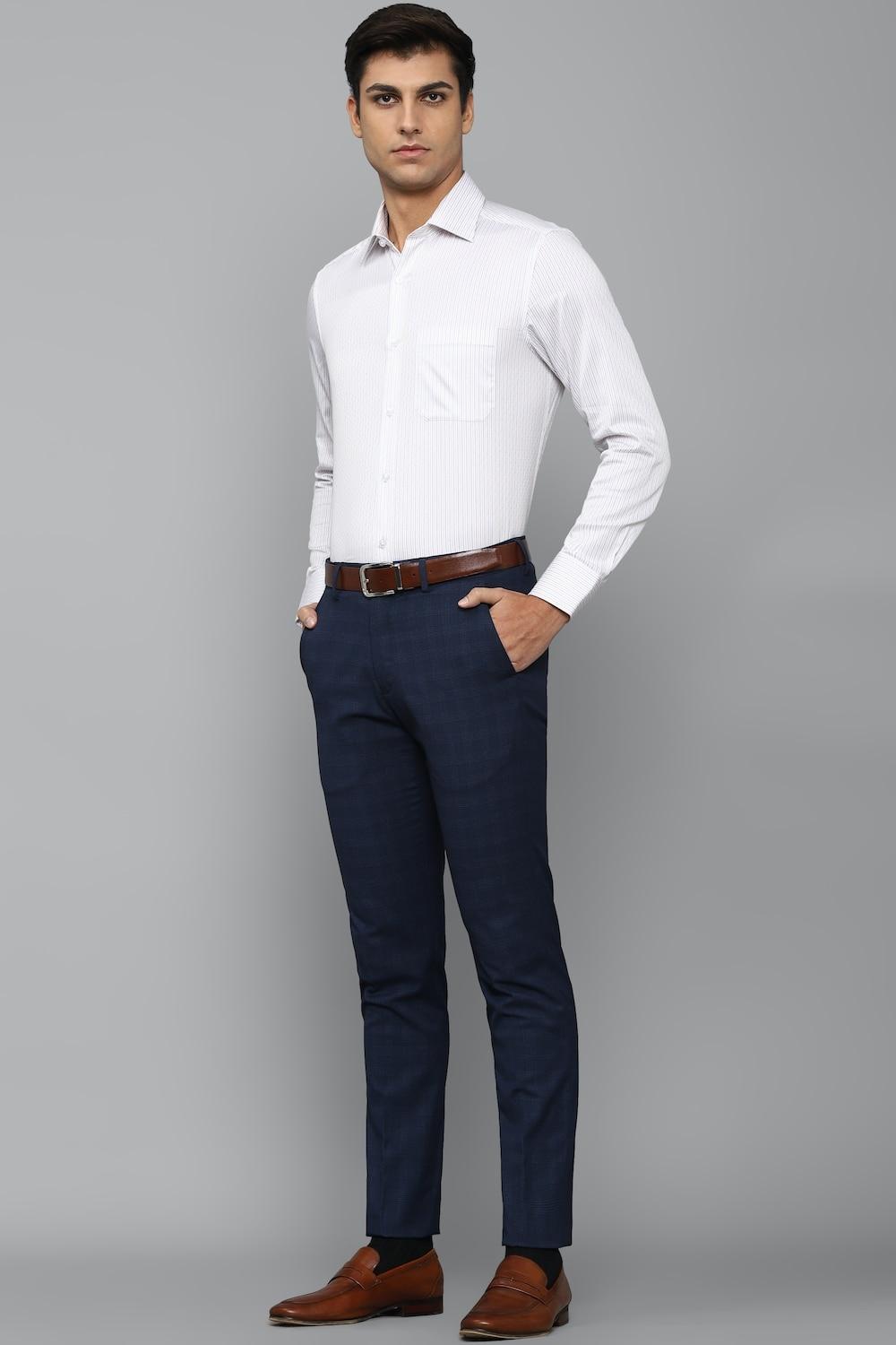 Men Navy Super Slim Fit Check Flat Front Formal Trousers