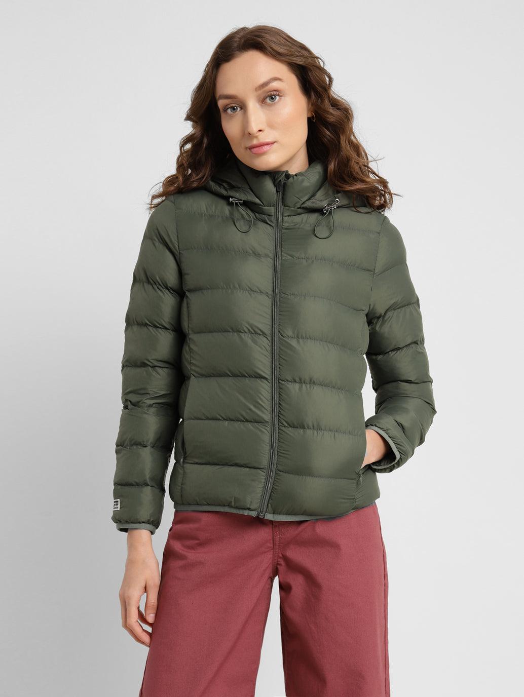 Womens Solid Hooded Jacket Olive 