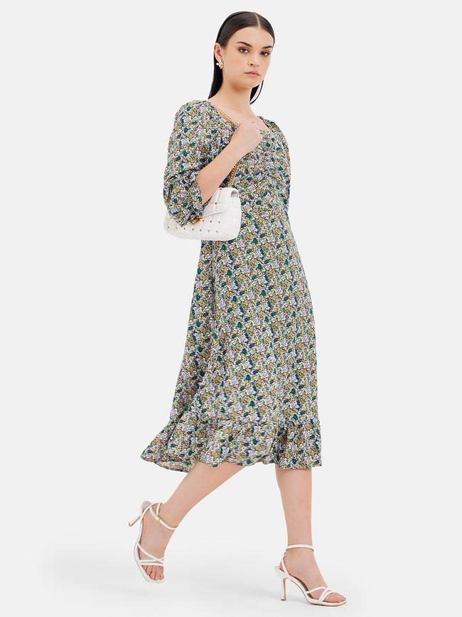 Floral Puff Sleeves Midi Dress For Women By Kazo In Multi Color
