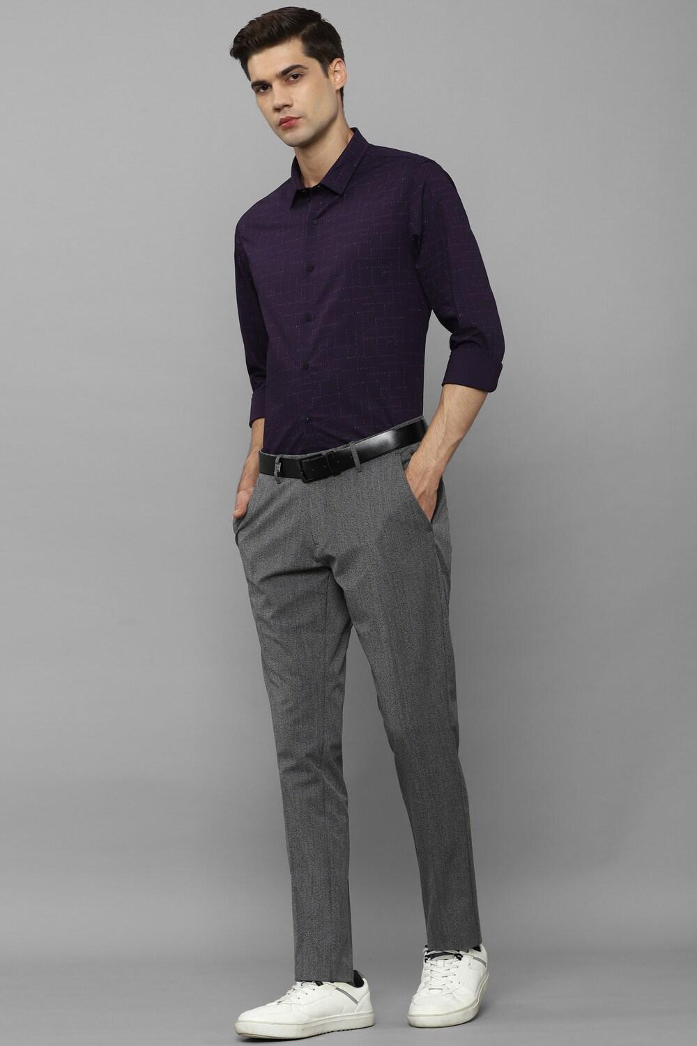 Men Grey Slim Fit Textured Flat Front Casual Trousers