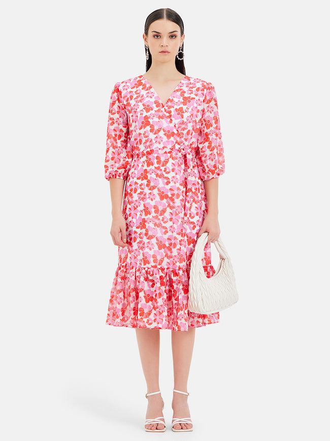Floral Puff Sleeves Midi Dress For Women By Kazo