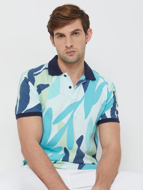 Turquoise Leaf Print Polo Tshirt For Men By Mufti