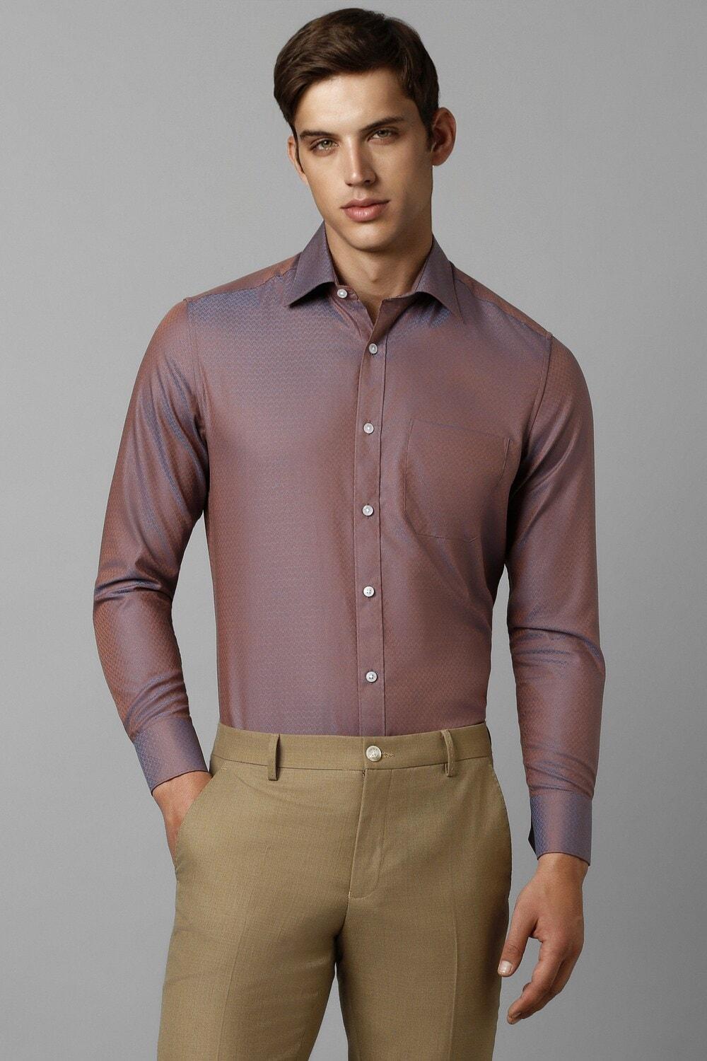 Men Brown Classic Fit Textured Full Sleeves Formal Shirt