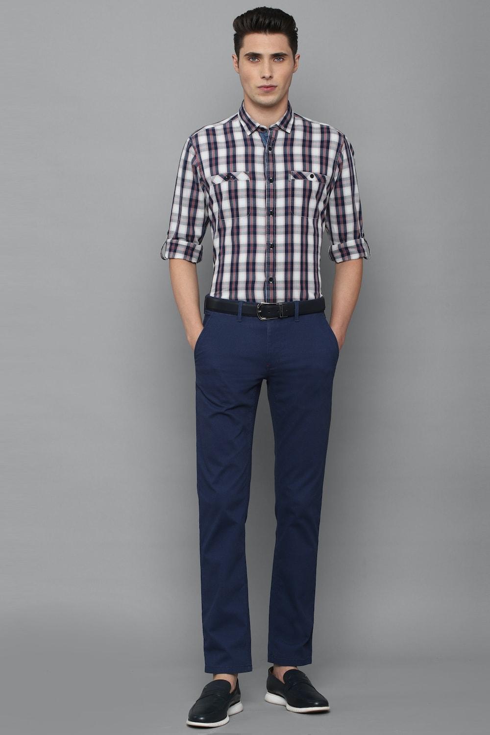 Navy Slim Fit Solid Flat Front Casual Men Trousers