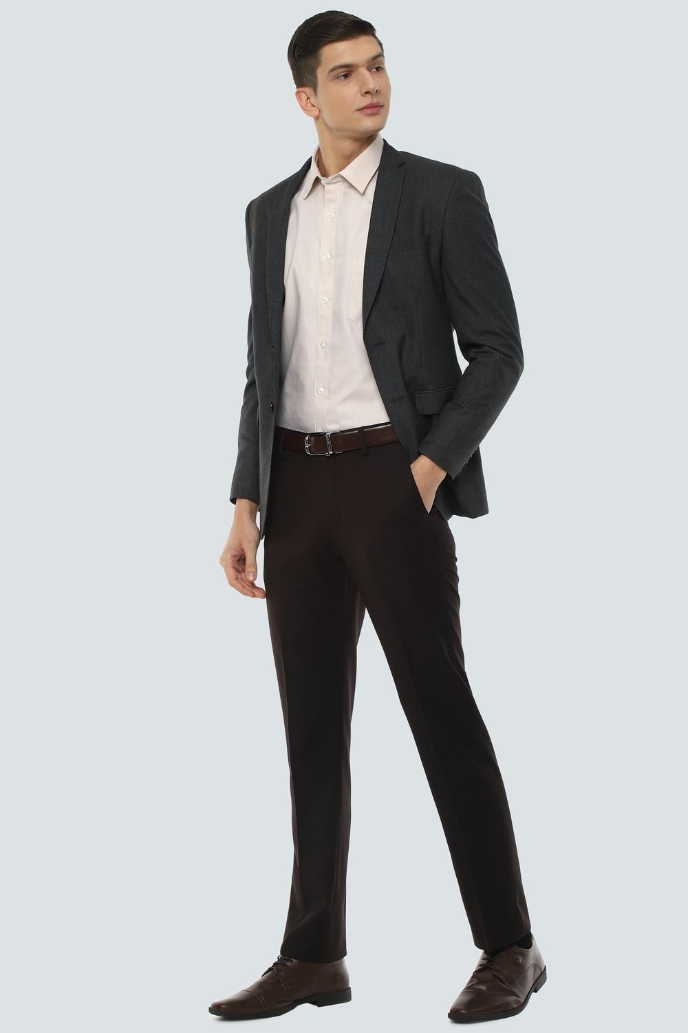 Men Brown Slim Fit Solid Flat Front Formal Trousers