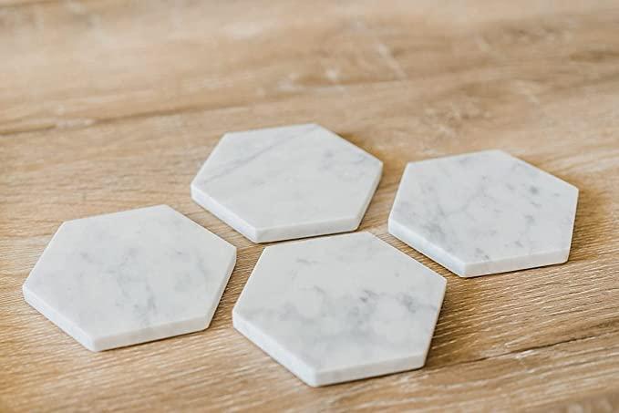 MBSC White Marble Tea/Coffee/Cocktail Coaster (Hexagon) Set of 4 pcs for Drinks Hot & Cold, Table Decorative Cocktail Coaster