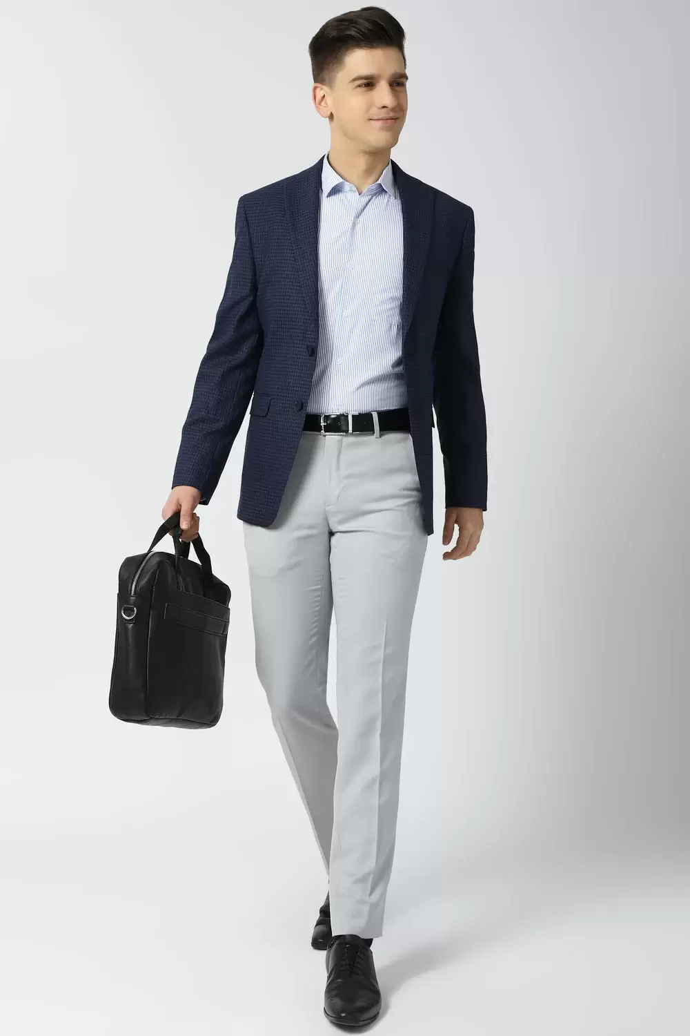 Buy Peter England Men Navy Blue Solid Super Slim Fit Formal Trousers online